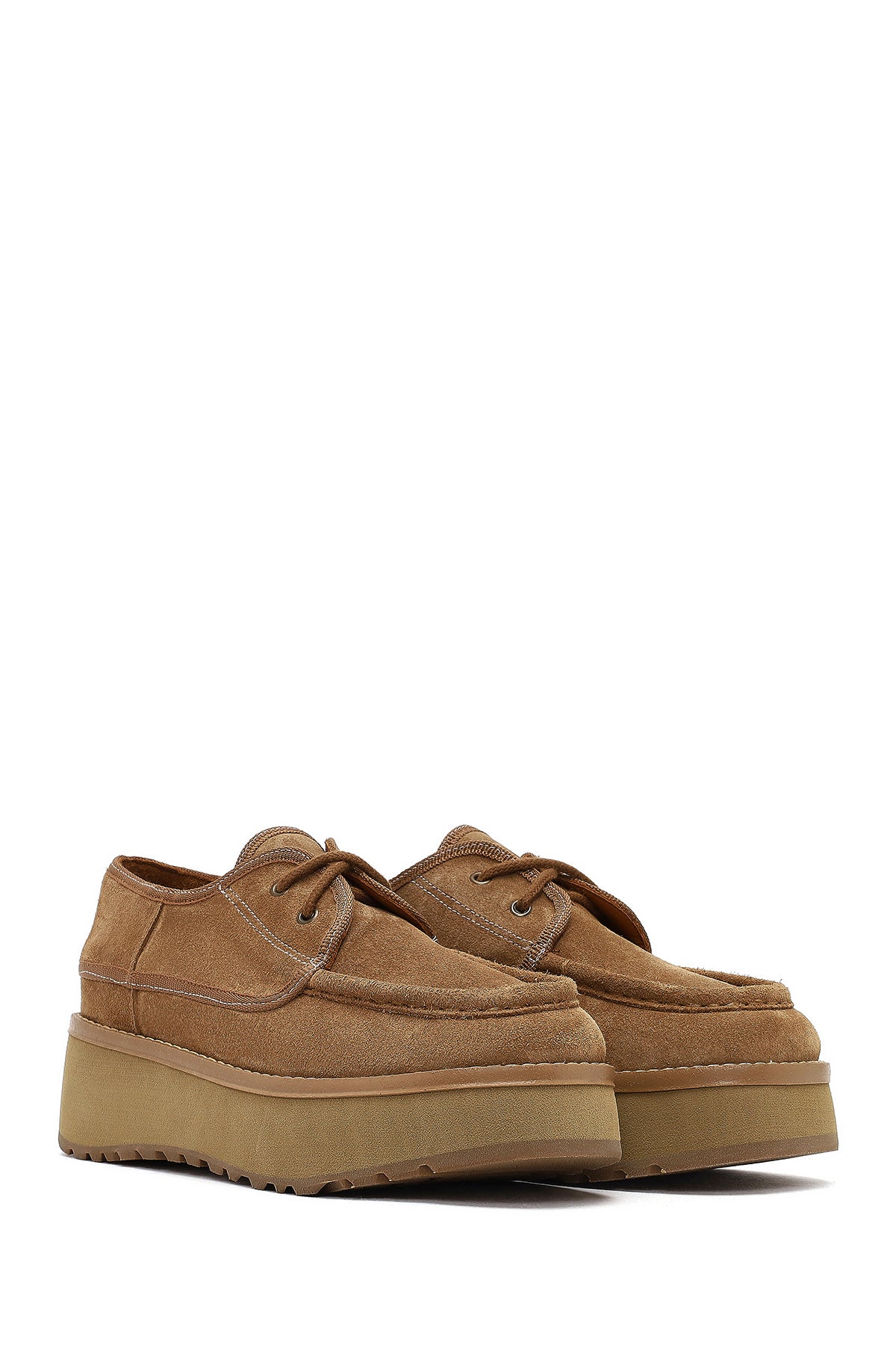 Kadın Bej Kalın Tabanlı Bağcıklı Süet Deri Teddy Casual Ayakkabı