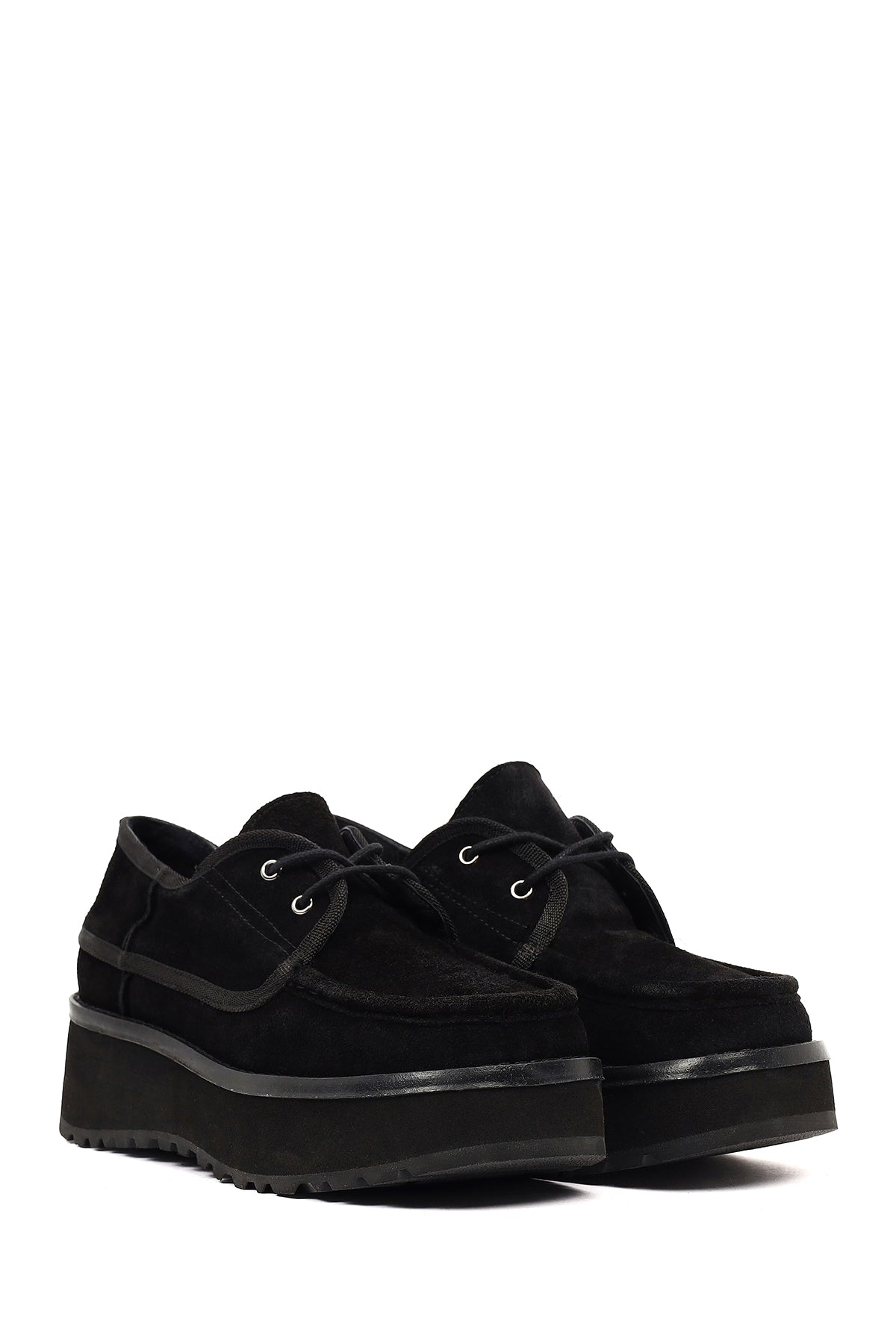 Kadın Siyah Kalın Tabanlı Bağcıklı Süet Deri Teddy Casual Ayakkabı