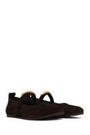 Women's Brown Buckled Suede Leather Ballet Flat | Derimod