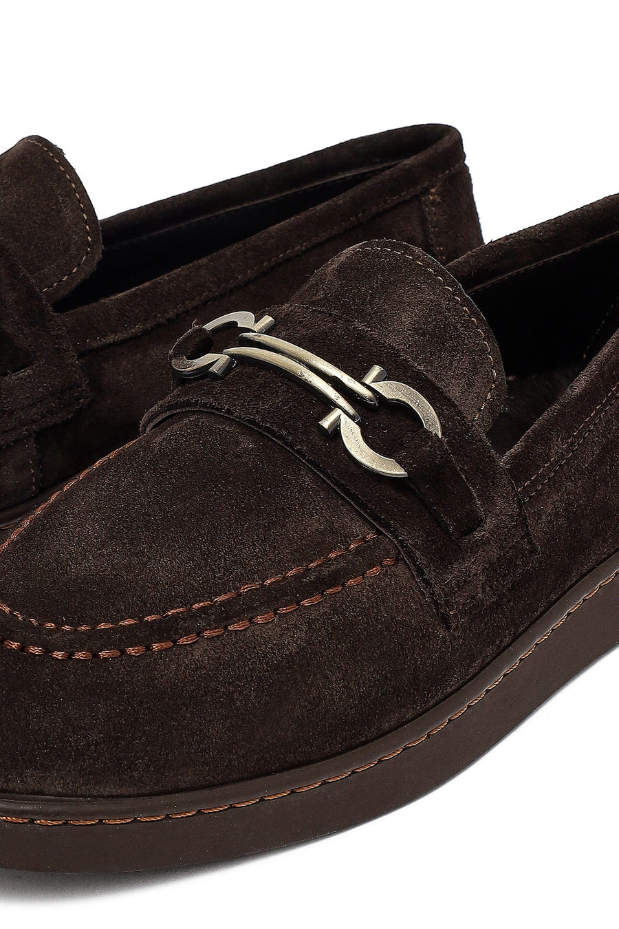 Woman Brown Buckled Suede Leather Loafer