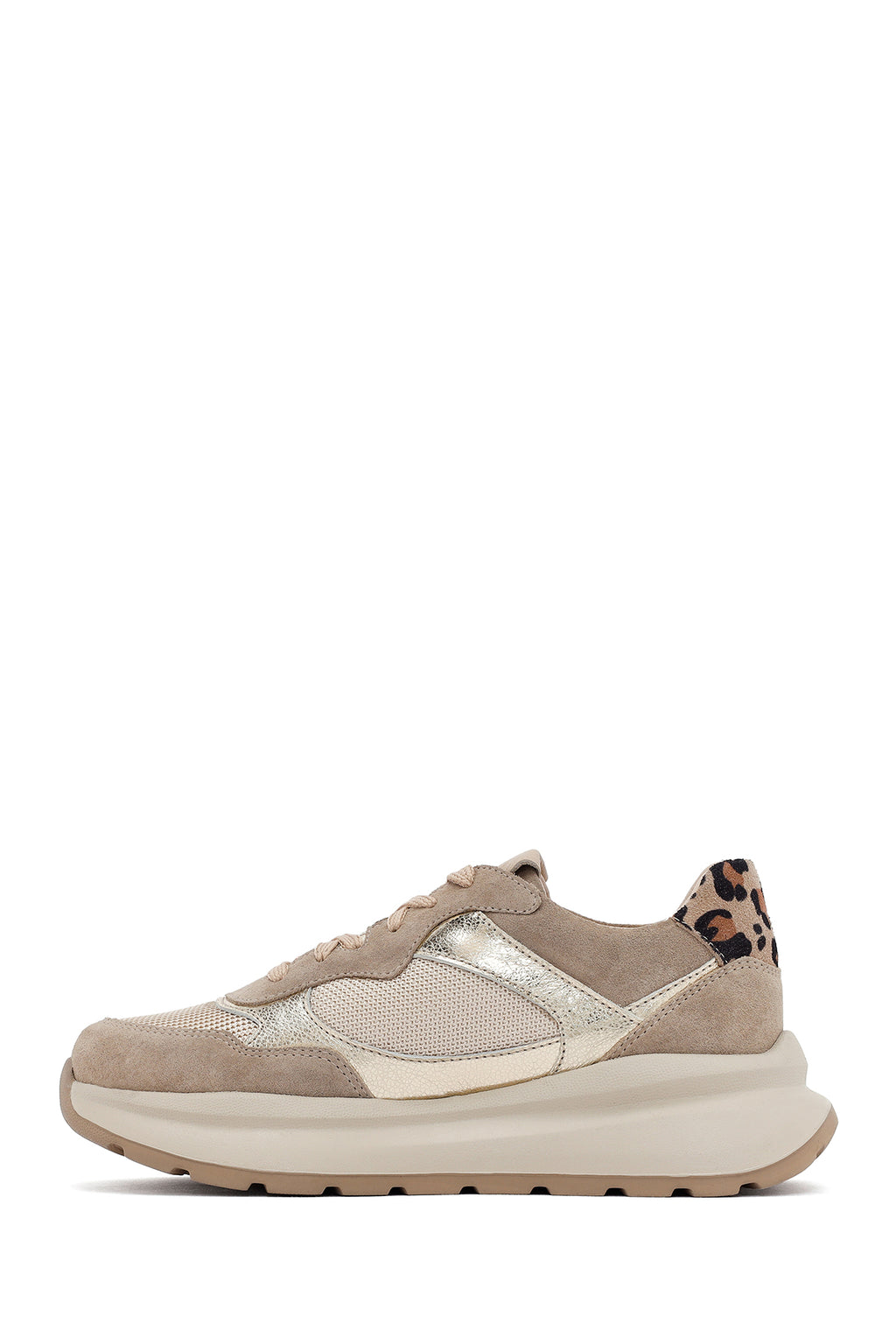 Kadın Bej Bağcıklı Kalın Tabanlı Deri Sneaker
