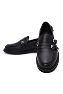 Woman Black Buckle Leather Masculine Loafer | Derimod