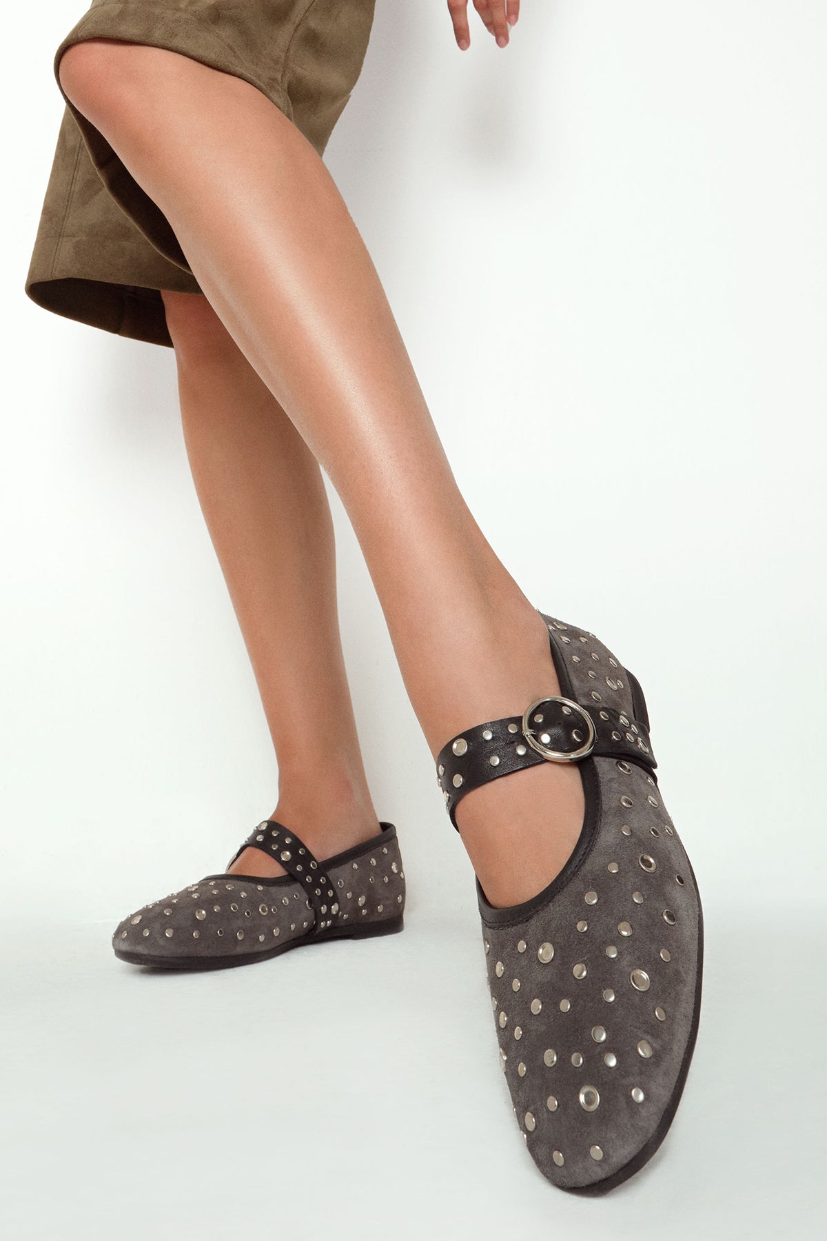 Women's Anthracite Buckled Suede Leather Ballet Flat 25AFD270810 | Derimod