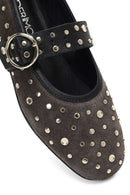 Women's Anthracite Buckled Suede Leather Ballet Flat | Derimod