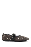 Women's Anthracite Buckled Suede Leather Ballet Flat | Derimod