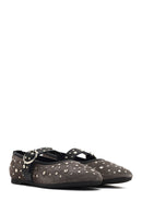 Women's Anthracite Buckled Suede Leather Ballet Flat | Derimod