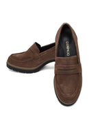 Women's Mink Thick Heeled Suede Leather Masculine Loafer | Derimod