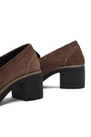 Women's Mink Thick Heeled Suede Leather Masculine Loafer | Derimod