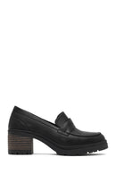 Women's Black Thick Heeled Leather Masculine Loafer | Derimod