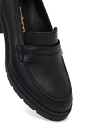 Women's Black Thick Heeled Leather Masculine Loafer | Derimod