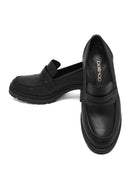 Women's Black Thick Heeled Leather Masculine Loafer | Derimod