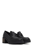Women's Black Thick Heeled Leather Masculine Loafer | Derimod