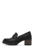 Women's Black Thick Heeled Leather Masculine Loafer | Derimod