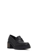 Women's Black Thick Heeled Leather Masculine Loafer | Derimod