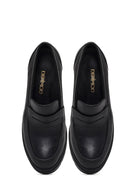 Women's Black Thick Heeled Leather Masculine Loafer | Derimod
