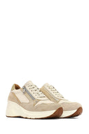 Woman Beige Lace-Up Zipper Detailed Wedge Heels Leather Sneakers | Derimod