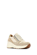 Woman Beige Lace-Up Zipper Detailed Wedge Heels Leather Sneakers | Derimod