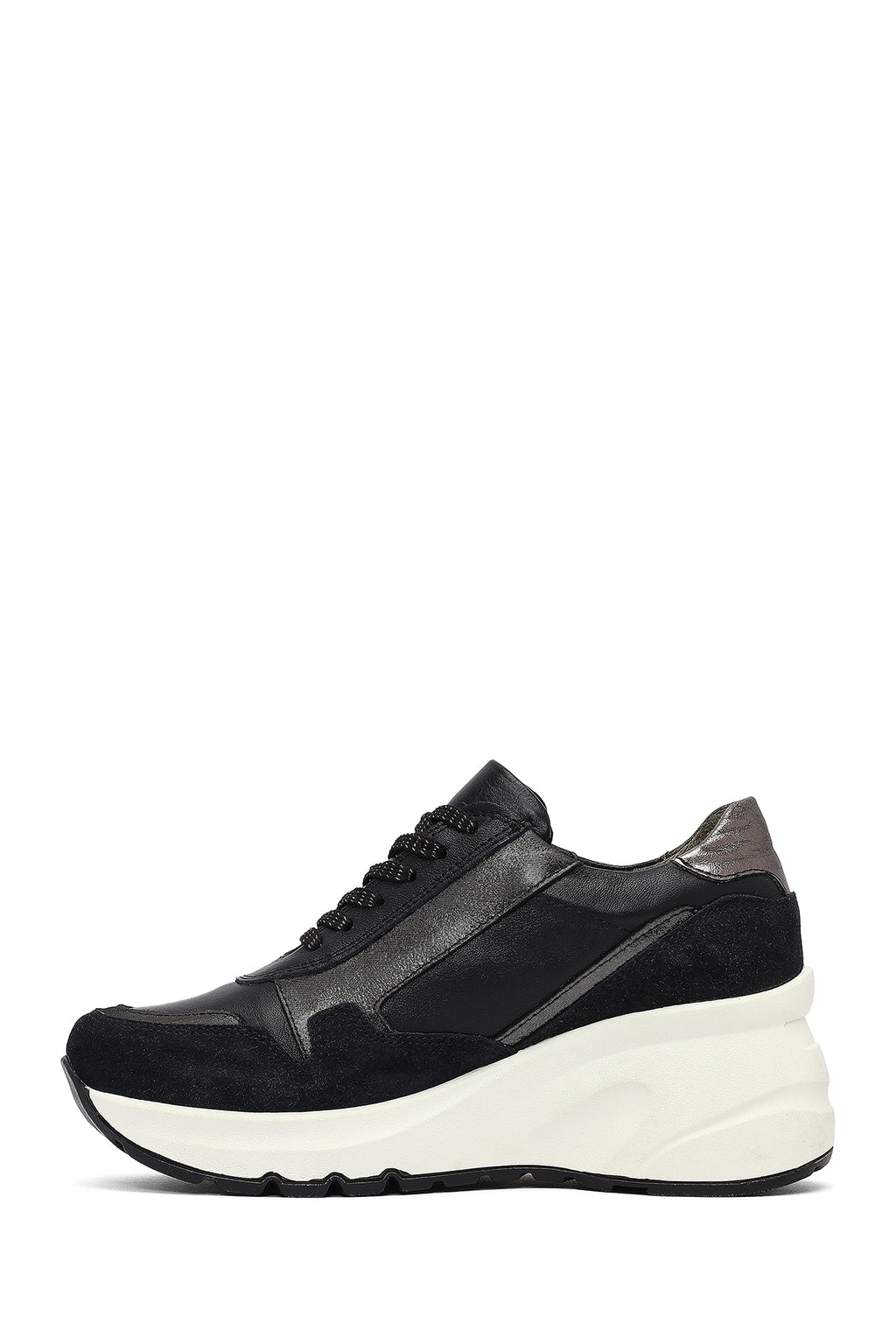 Kadın Siyah Bağcıklı Fermuar Detaylı Dolgu Topuklu Deri Sneaker