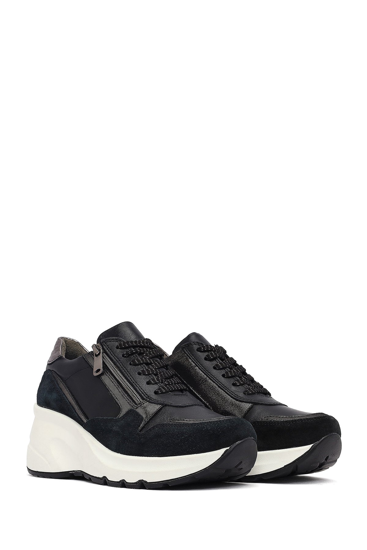 Kadın Siyah Bağcıklı Fermuar Detaylı Dolgu Topuklu Deri Sneaker