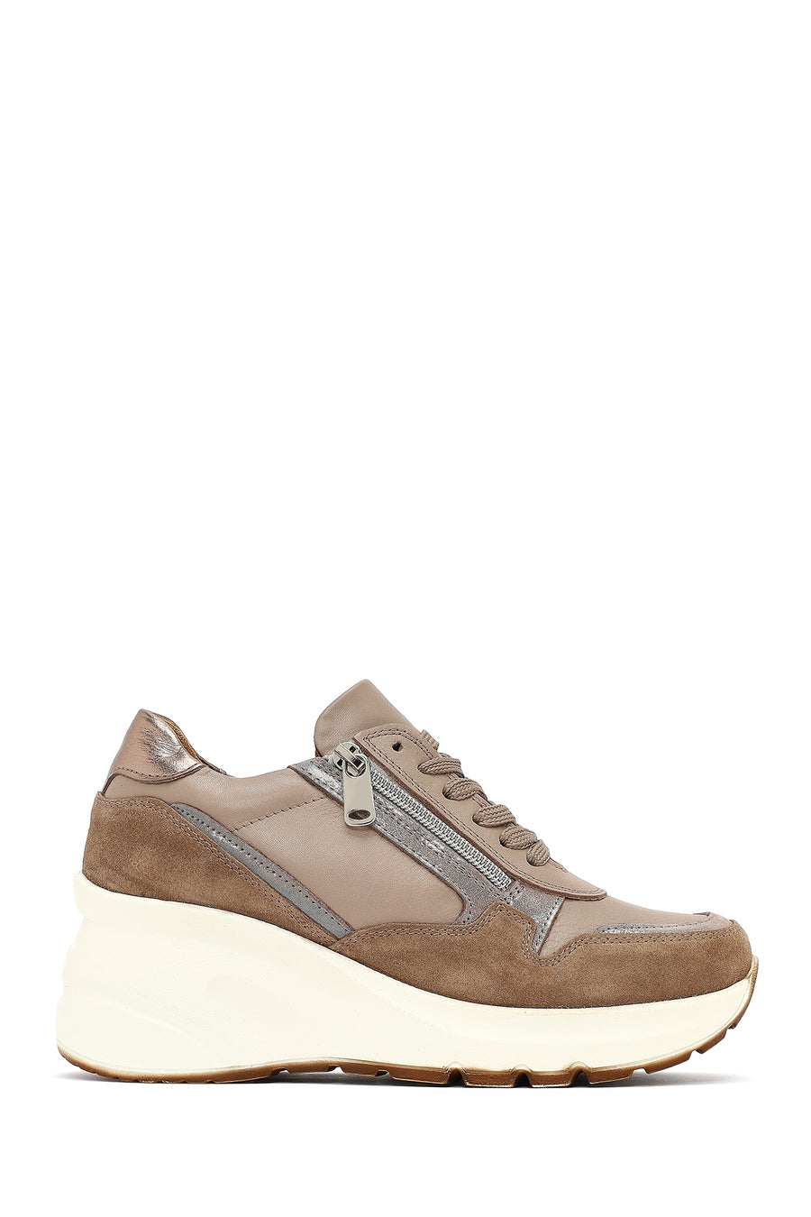 Kadın Vizon Bağcıklı Fermuar Detaylı Dolgu Topuklu Deri Sneaker 25AFD370514 | Derimod