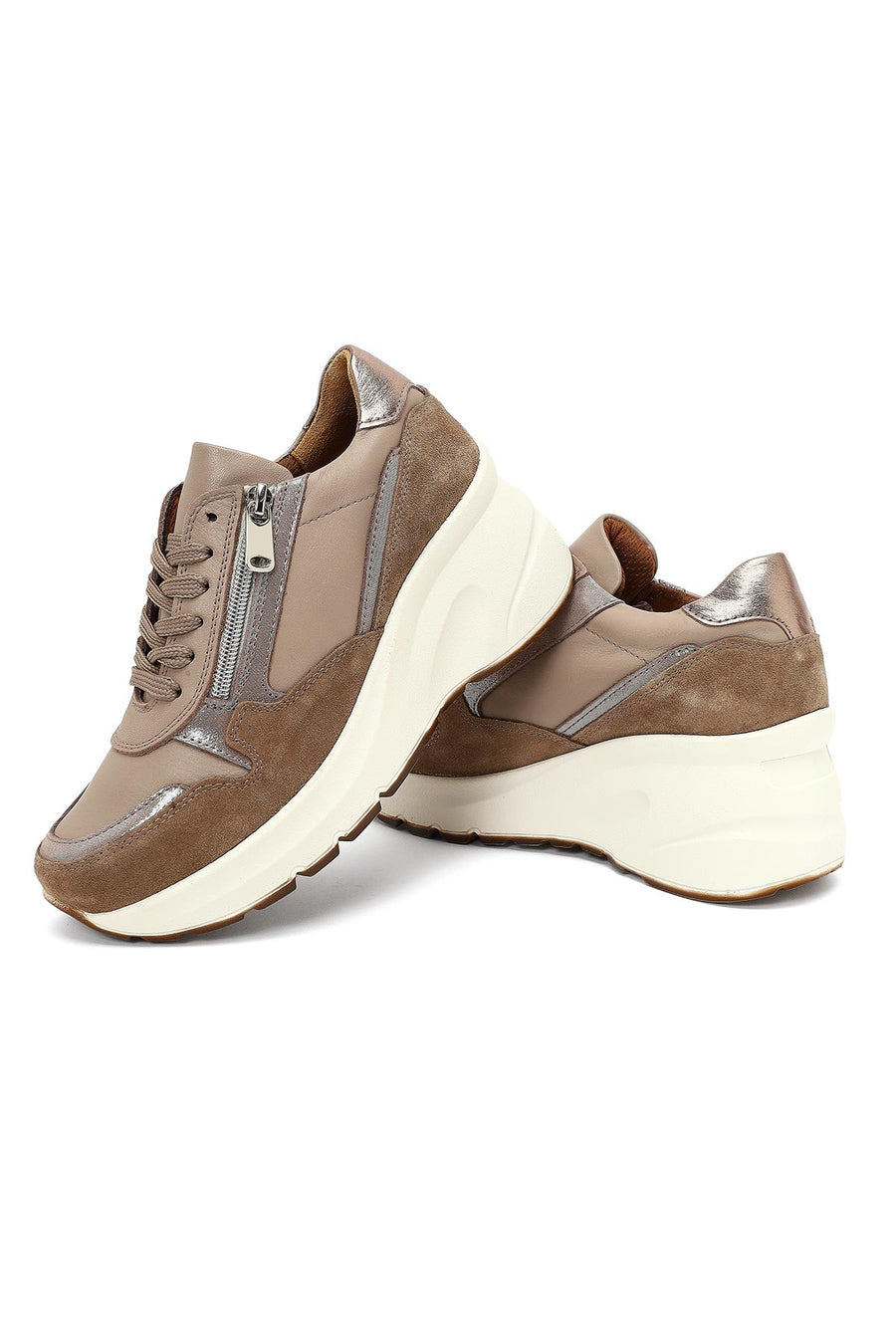 Kadın Vizon Bağcıklı Fermuar Detaylı Dolgu Topuklu Deri Sneaker