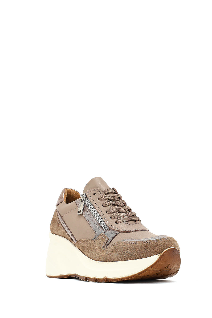 Kadın Vizon Bağcıklı Fermuar Detaylı Dolgu Topuklu Deri Sneaker