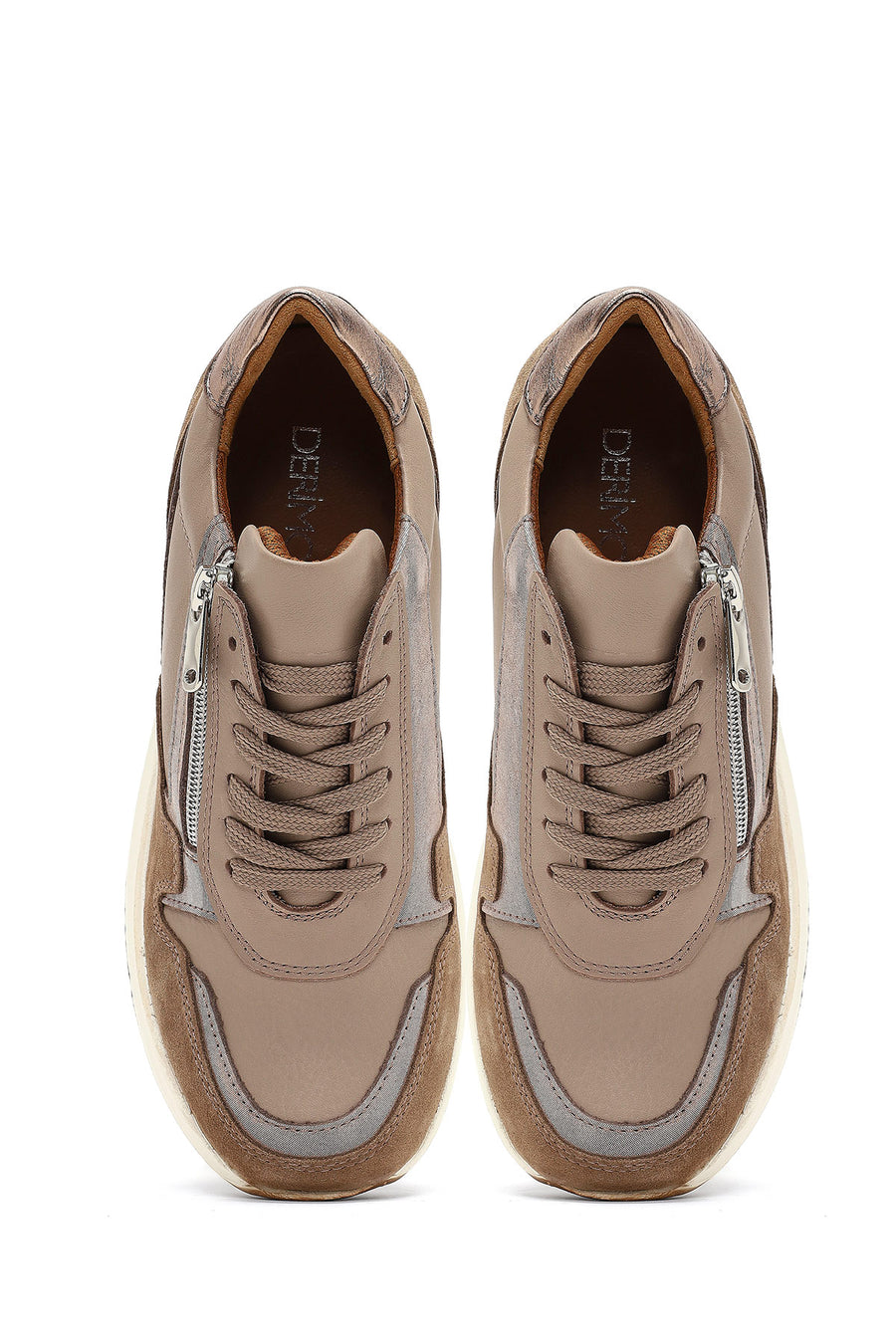 Kadın Vizon Bağcıklı Fermuar Detaylı Dolgu Topuklu Deri Sneaker