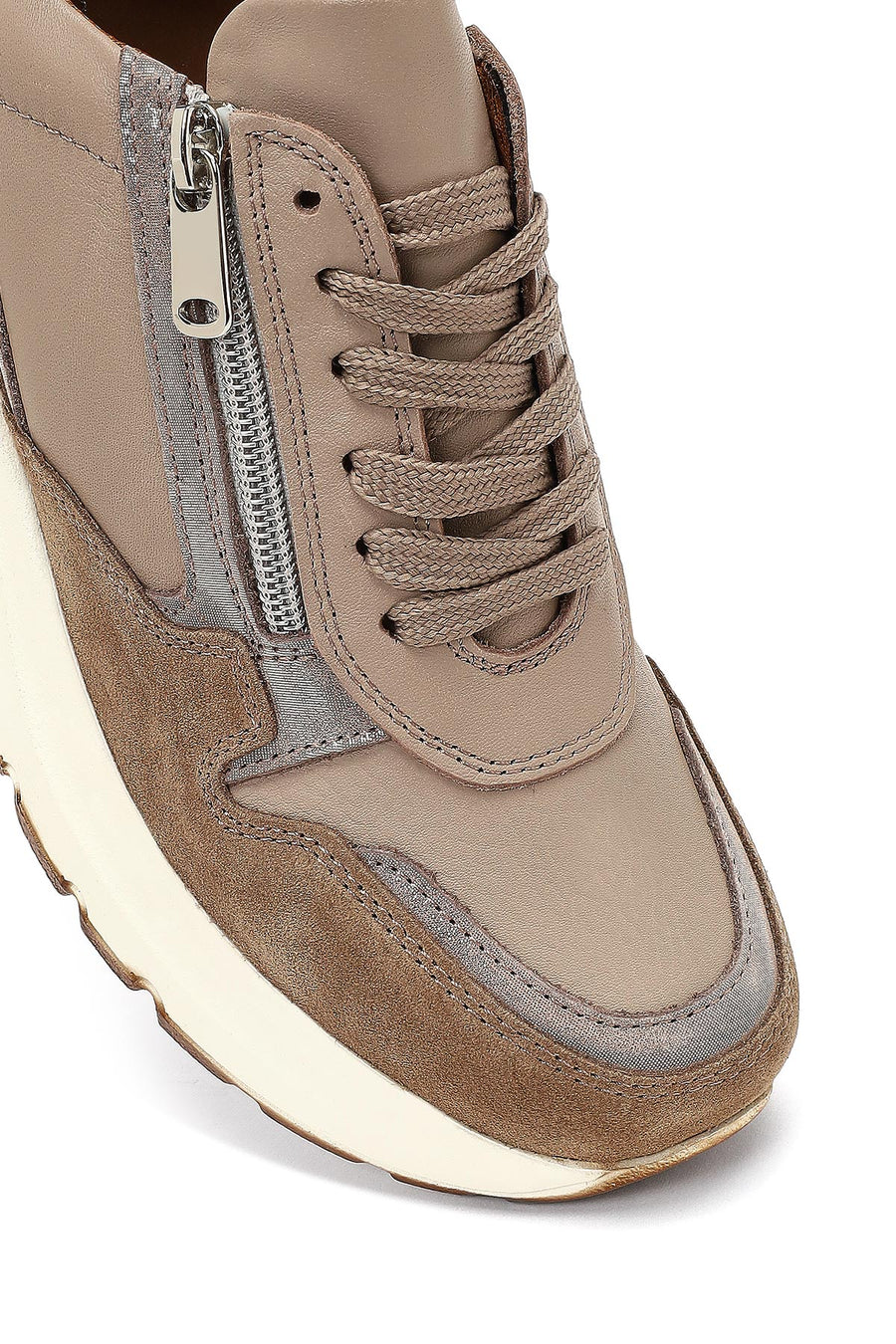 Kadın Vizon Bağcıklı Fermuar Detaylı Dolgu Topuklu Deri Sneaker