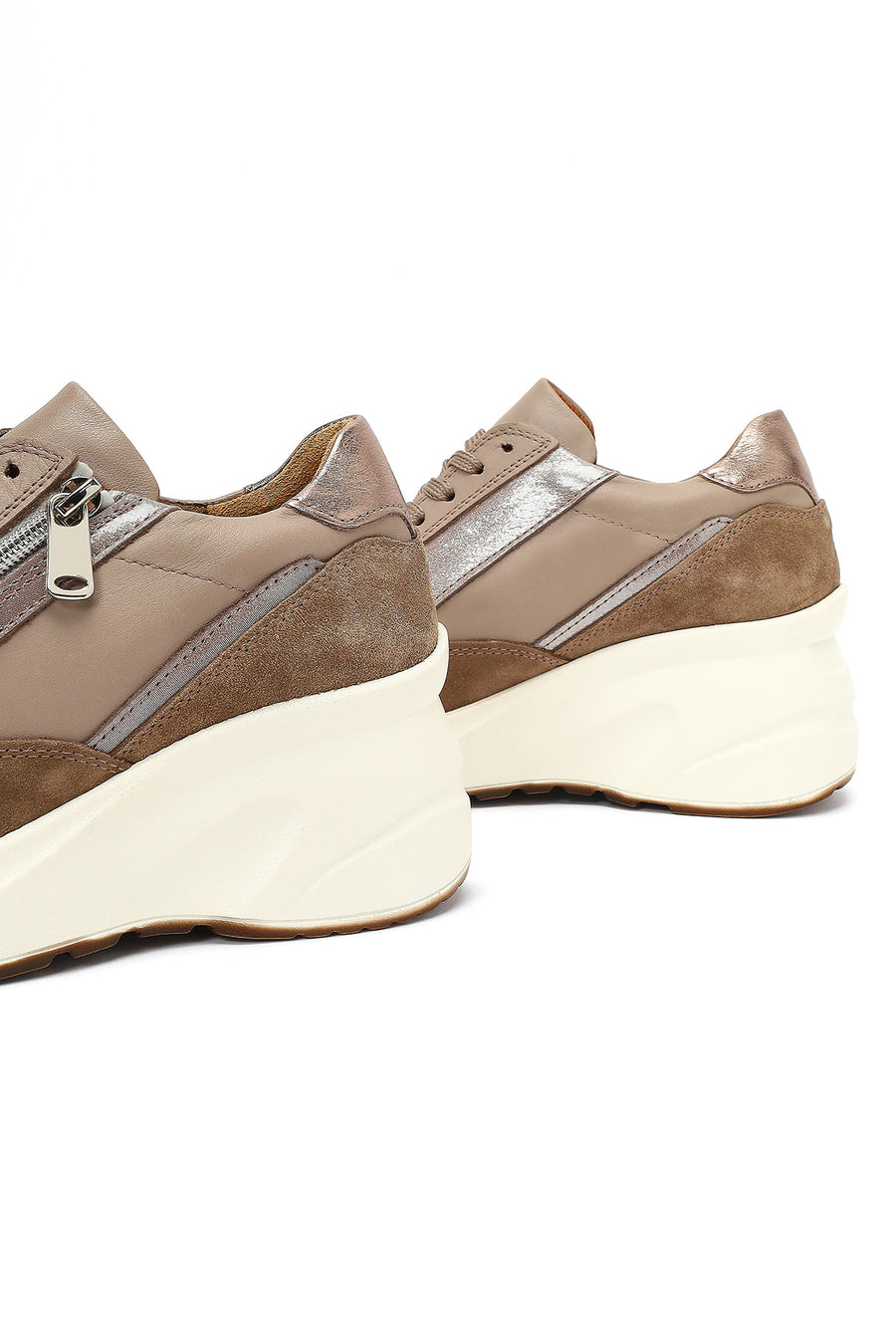 Kadın Vizon Bağcıklı Fermuar Detaylı Dolgu Topuklu Deri Sneaker