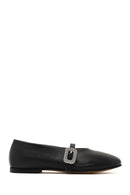 Women's Black Stone Leather Ballet Flats | Derimod