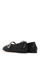 Women's Black Stone Leather Ballet Flats | Derimod