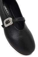 Women's Black Stone Leather Ballet Flats | Derimod