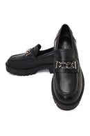 Women's Black Thick-Soled Buckled Leather Masculine Loafer | Derimod