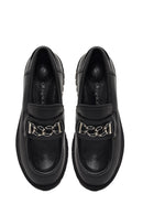 Women's Black Thick-Soled Buckled Leather Masculine Loafer | Derimod