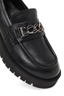 Women's Black Thick-Soled Buckled Leather Masculine Loafer | Derimod