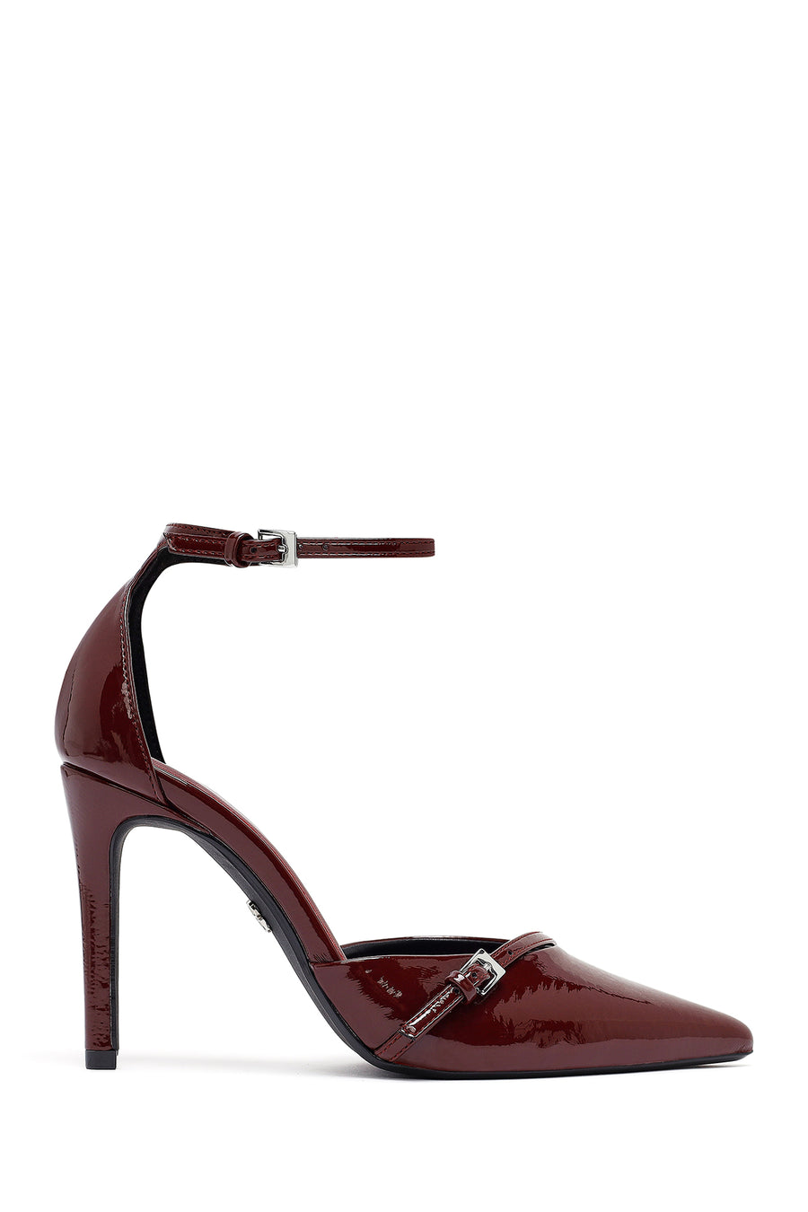 Women's Burgundy Ankle Buckle High Thin Heel Patent Leather Stiletto 25AFD440316 | Derimod