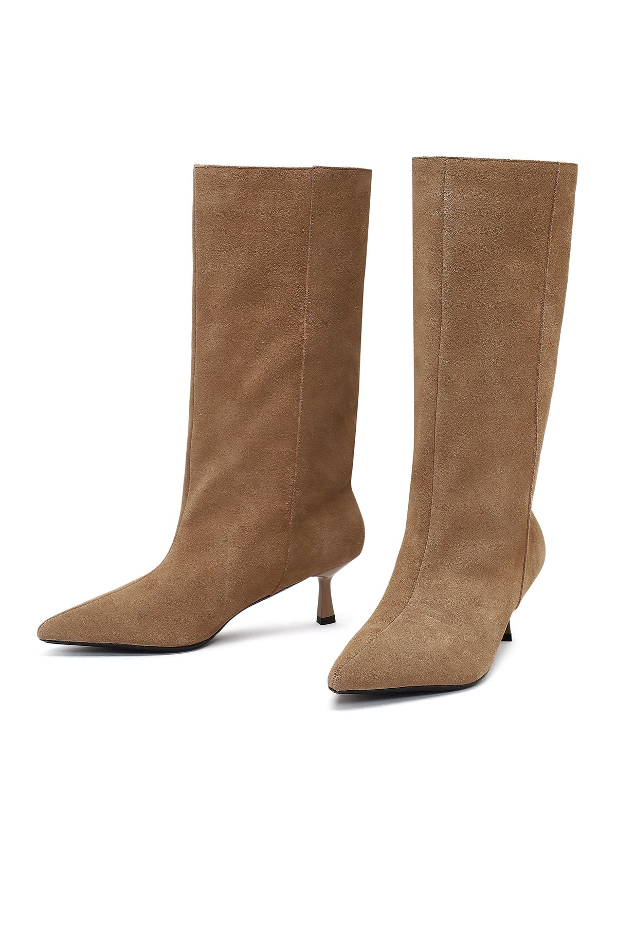 Kadın Bej İnce Topuklu Süet Deri Çizme