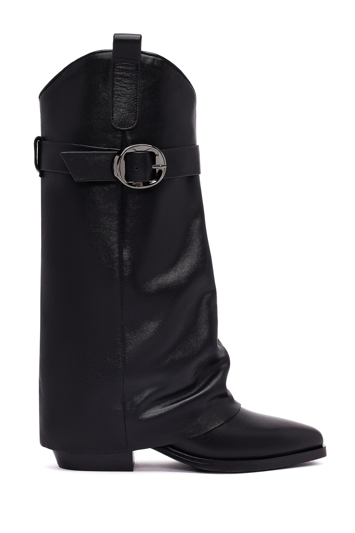 Women's Black Buckled Thick Heeled Leather Boot 25AFD490618 | Derimod