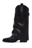 Women's Black Buckled Thick Heeled Leather Boot | Derimod
