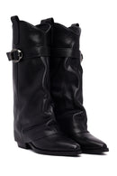 Women's Black Buckled Thick Heeled Leather Boot | Derimod