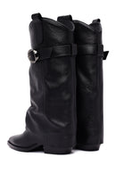 Women's Black Buckled Thick Heeled Leather Boot | Derimod