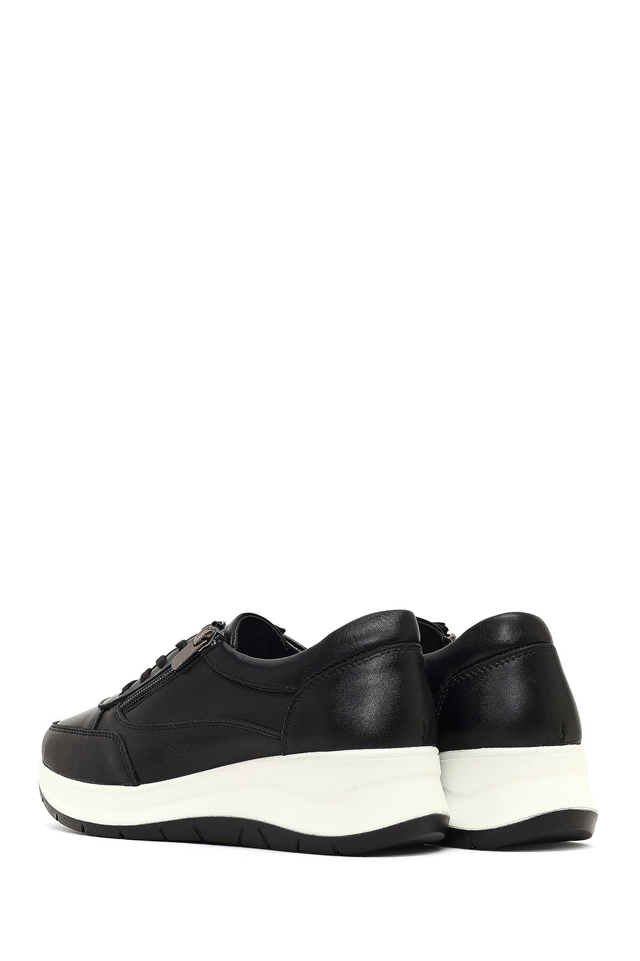 Women's Black Lace-Up Thick-Soled Leather Sneaker