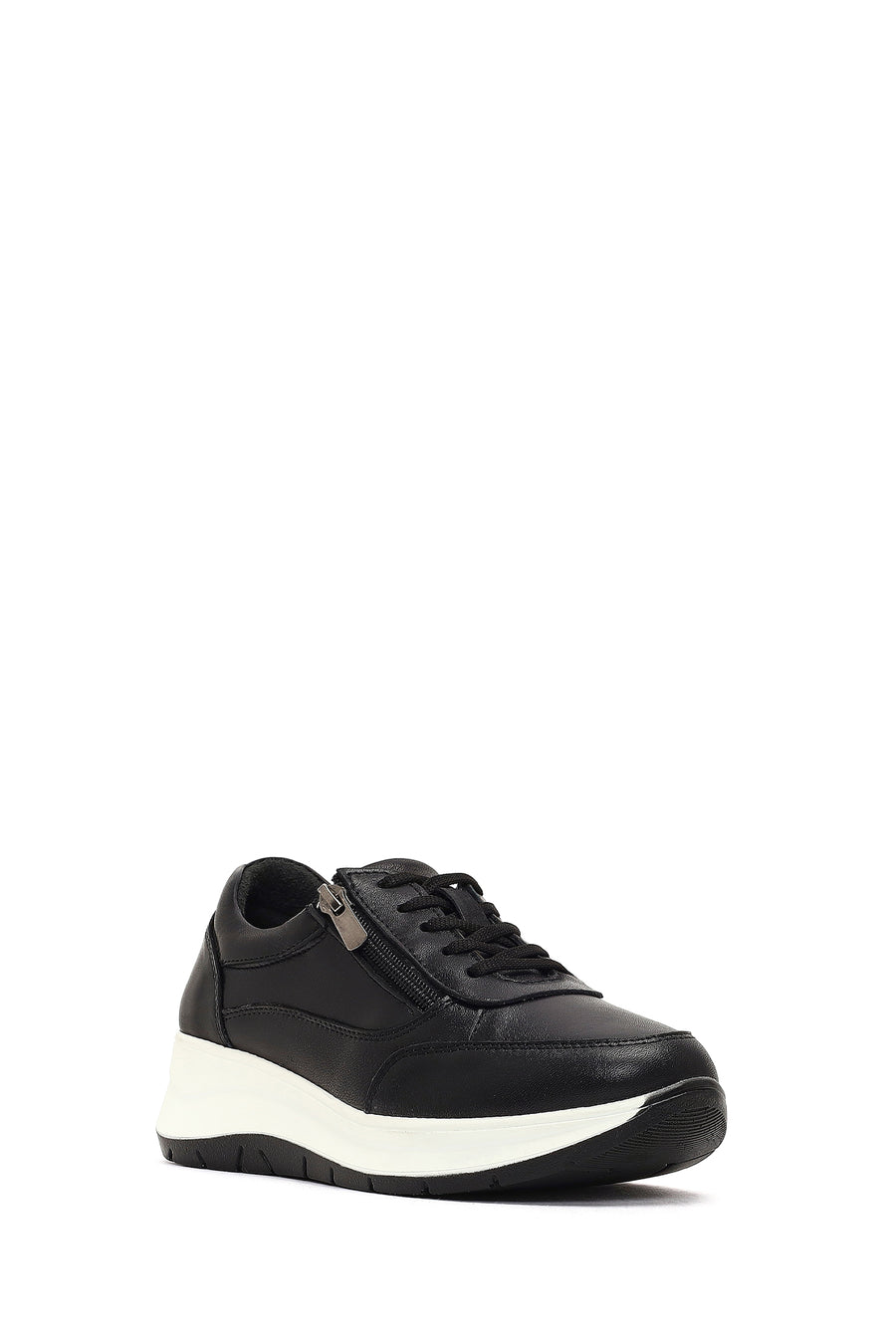 Women's Black Lace-Up Thick-Soled Leather Sneaker