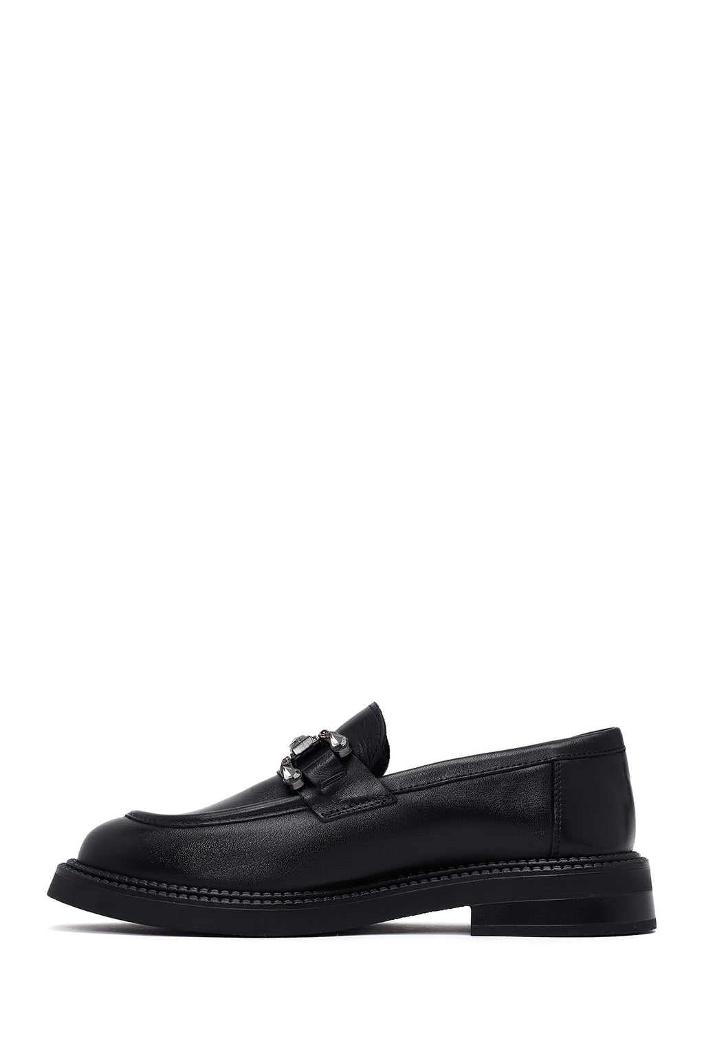 Kadın Siyah Tokalı Deri Maskülen Loafer