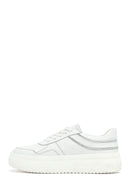 Woman White Laced Thick Sole Leather Sneakers | Derimod