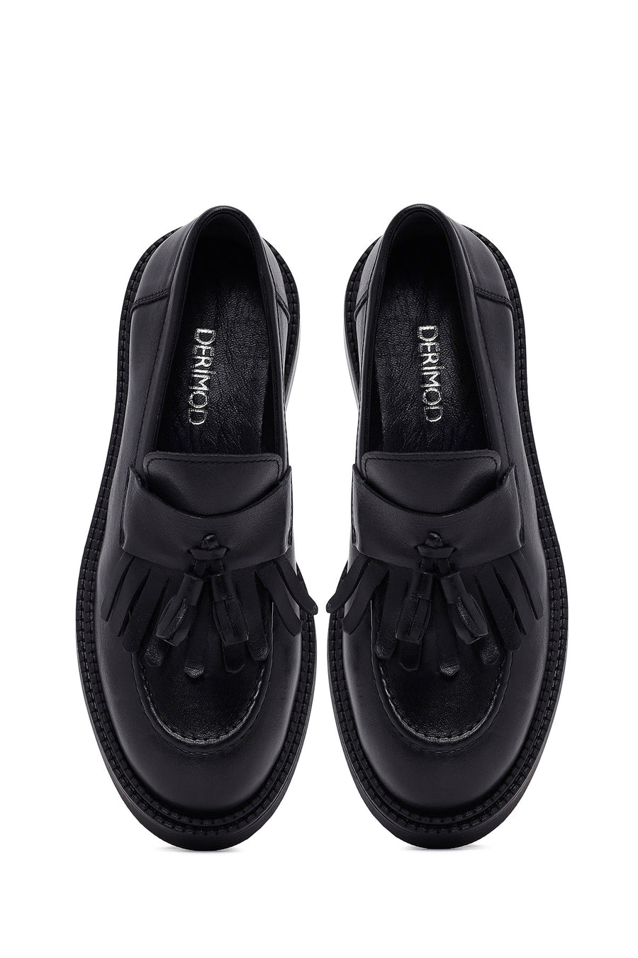 Kadın Siyah Püsküllü Deri Maskülen Loafer