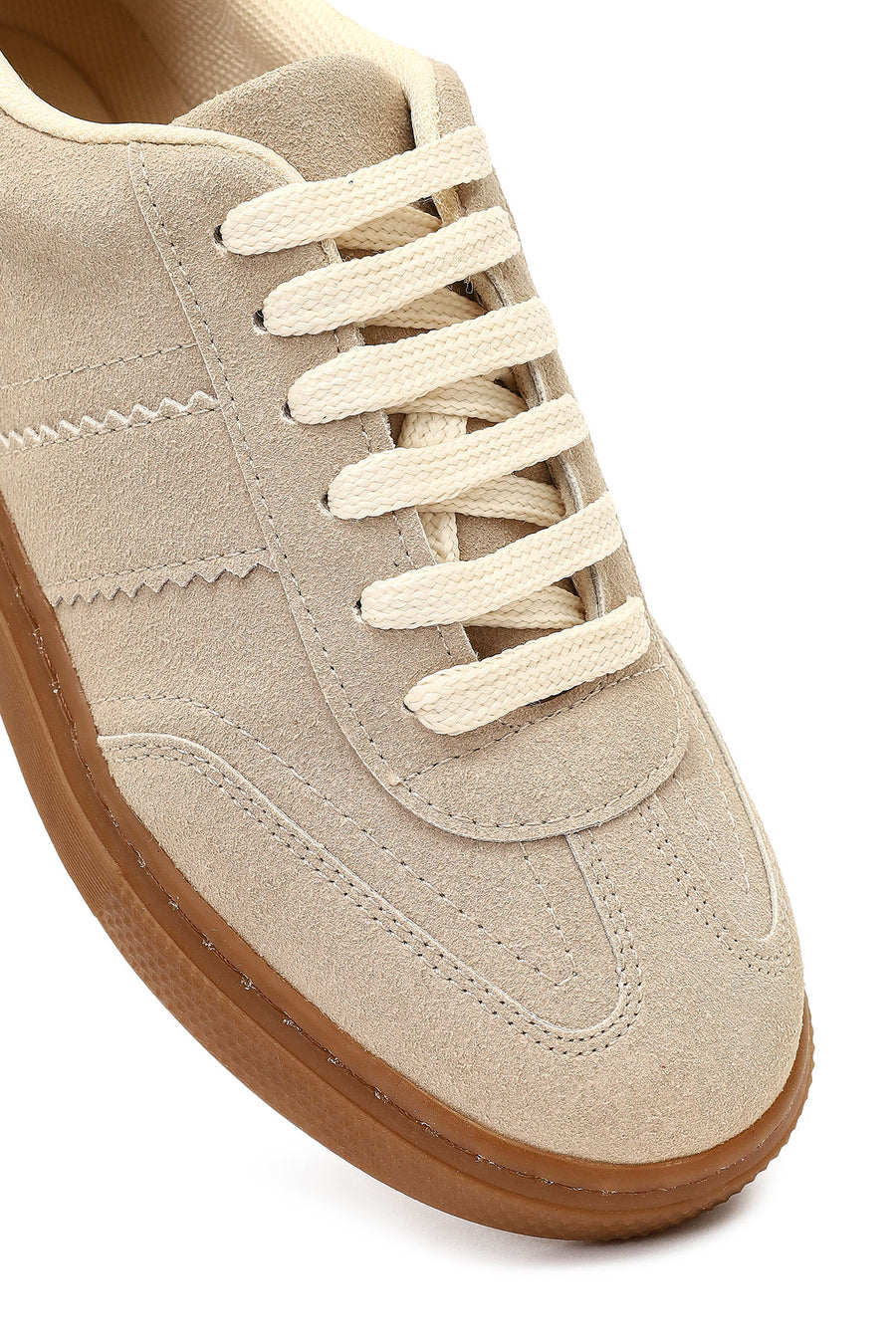 Kadın Bej Bağcıklı Kalın Tabanlı Süet Sneaker