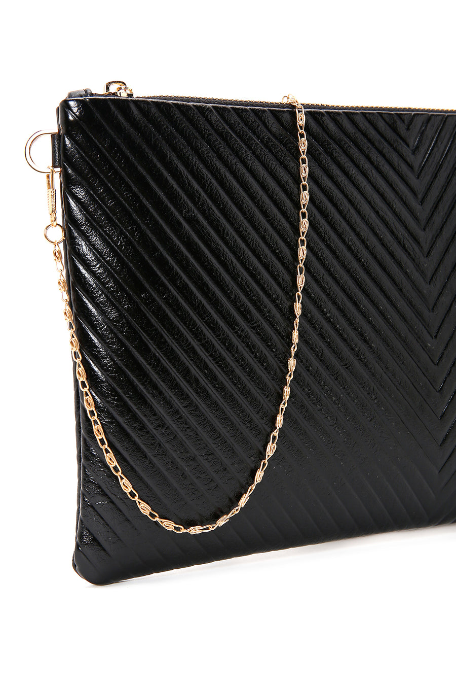 Women's Black Long Chain Strap Metallic Clutch Bag