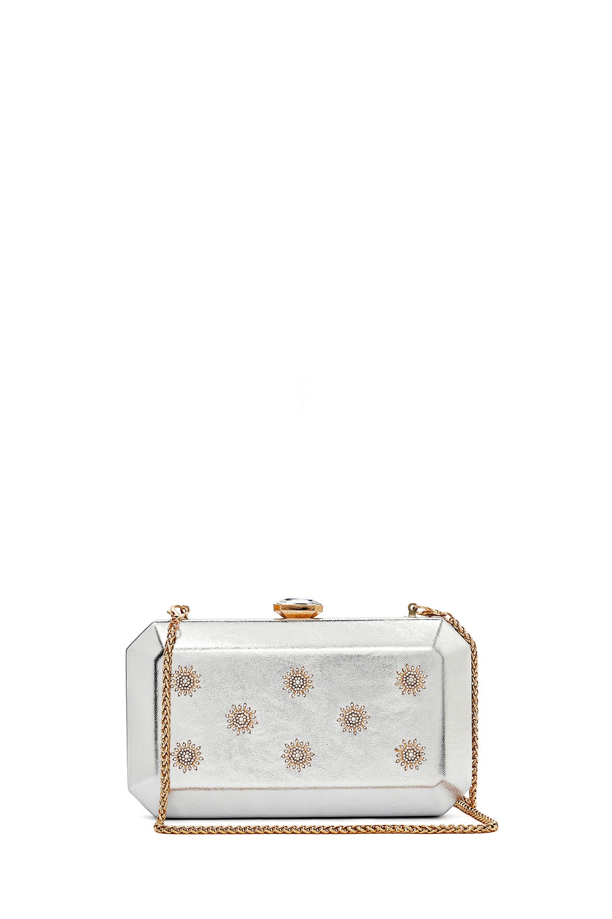 Kadın Gümüş Uzun Zincir Askılı Taşlı Metalik Mini Abiye Kutu Çanta 25SBD2733TS | Derimod