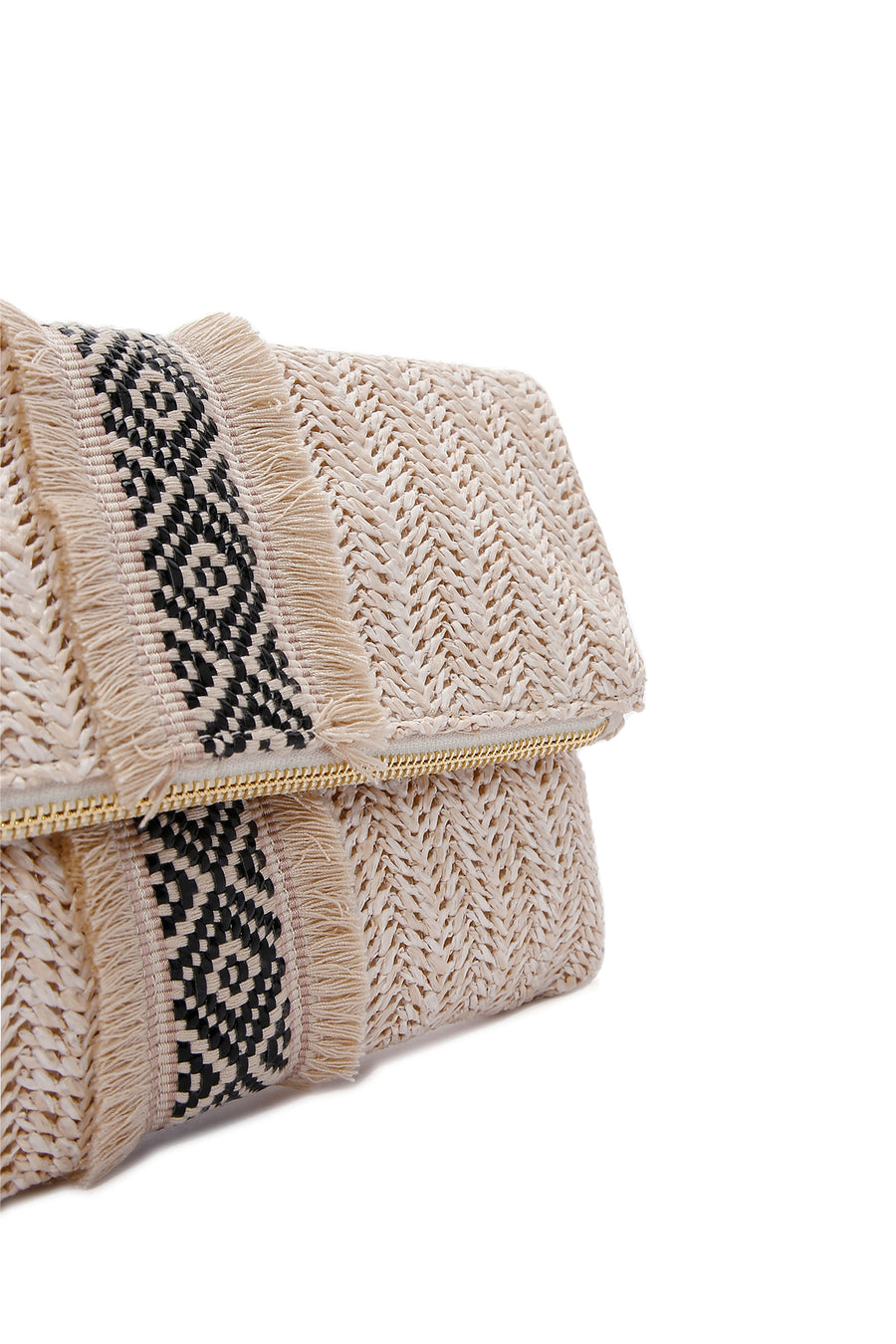 Women's Beige Long Chain Strap Straw Mini Clutch Bag